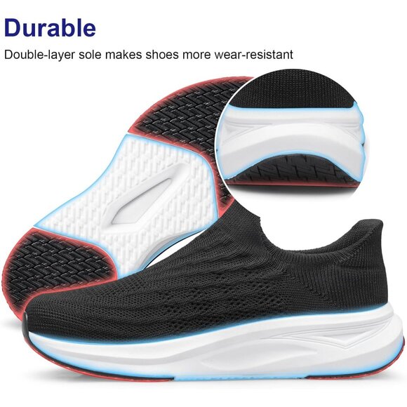 Women Black-White Slip On Walking Flat Lightweight Breathable Casual Sneakers - Picture 4 of 7